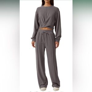 Women 2‎ Piece Outfits Sweatpants Set Twist Front Cropped Sweatshirt Wide Leg M